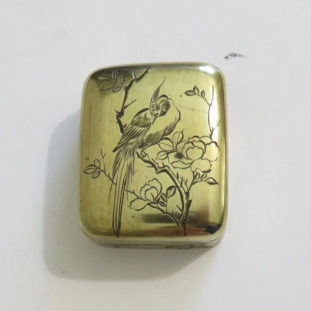 Vintage Asian Brass Trinket Box Bird Flower Engraving Hinged Small‎ Keepsake